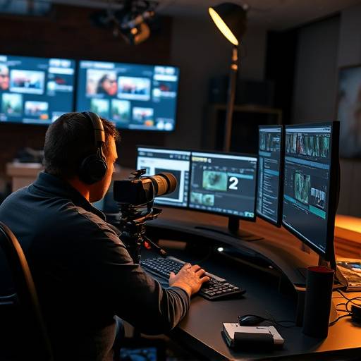 Editor de video trabajando en una estación de edición con mültiples monitores